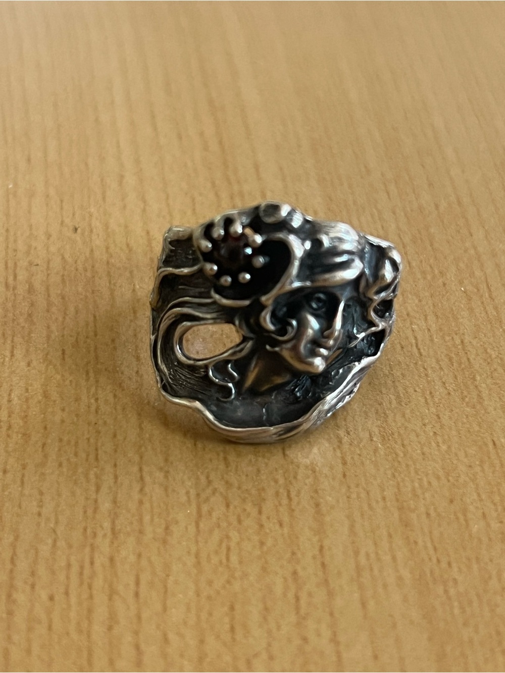 Sterling Silver Art Nouveau Woman Face Ring - Silver